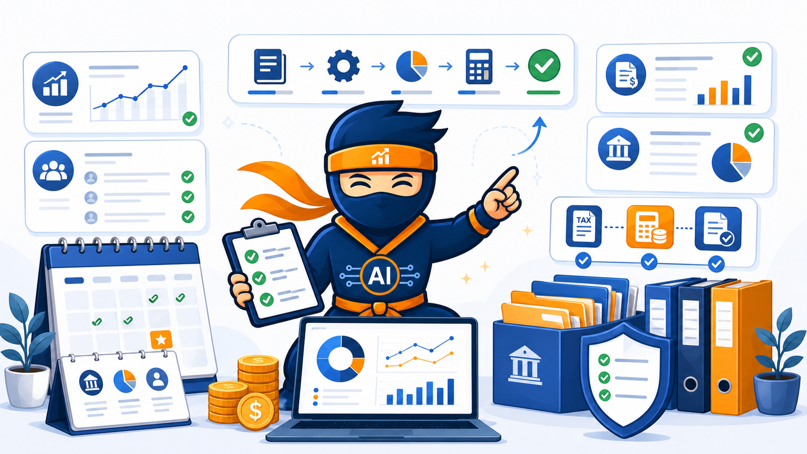 Executive year-end close workspace with tax computation layers and compliance milestones