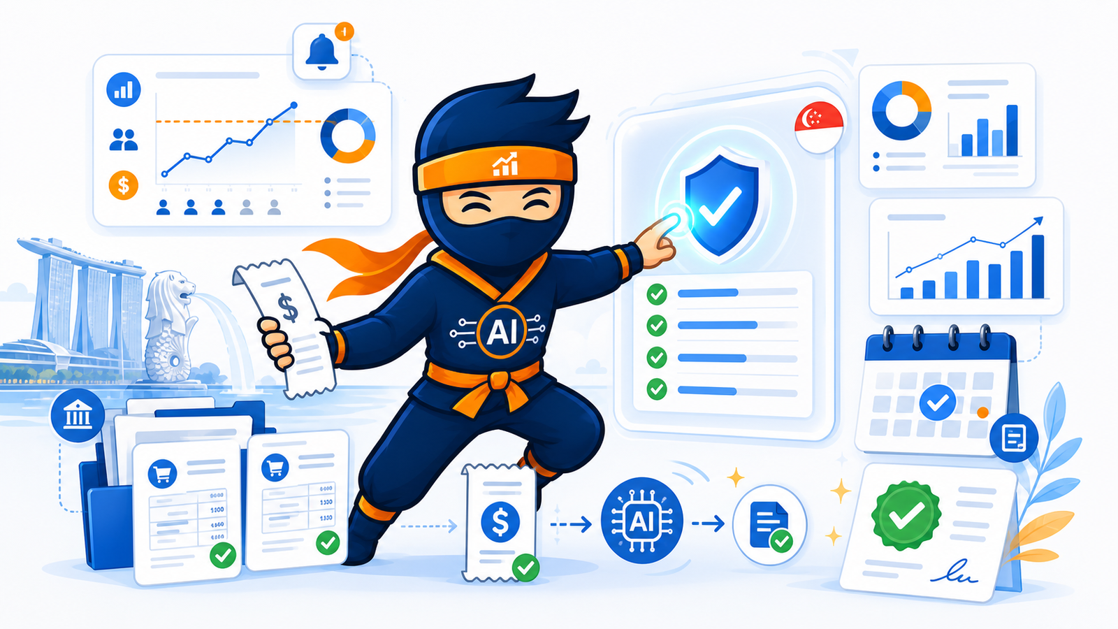 Premium GST compliance workspace with invoice folders, revenue dashboard and approval cards