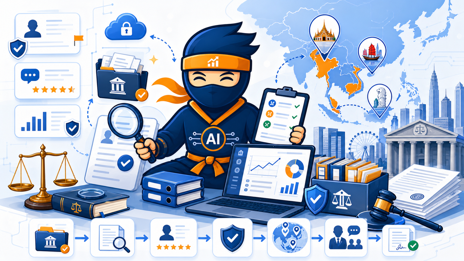 Cartoon AI ninja reviewing legal project files, reputation risk dashboards and Asia jurisdiction cards