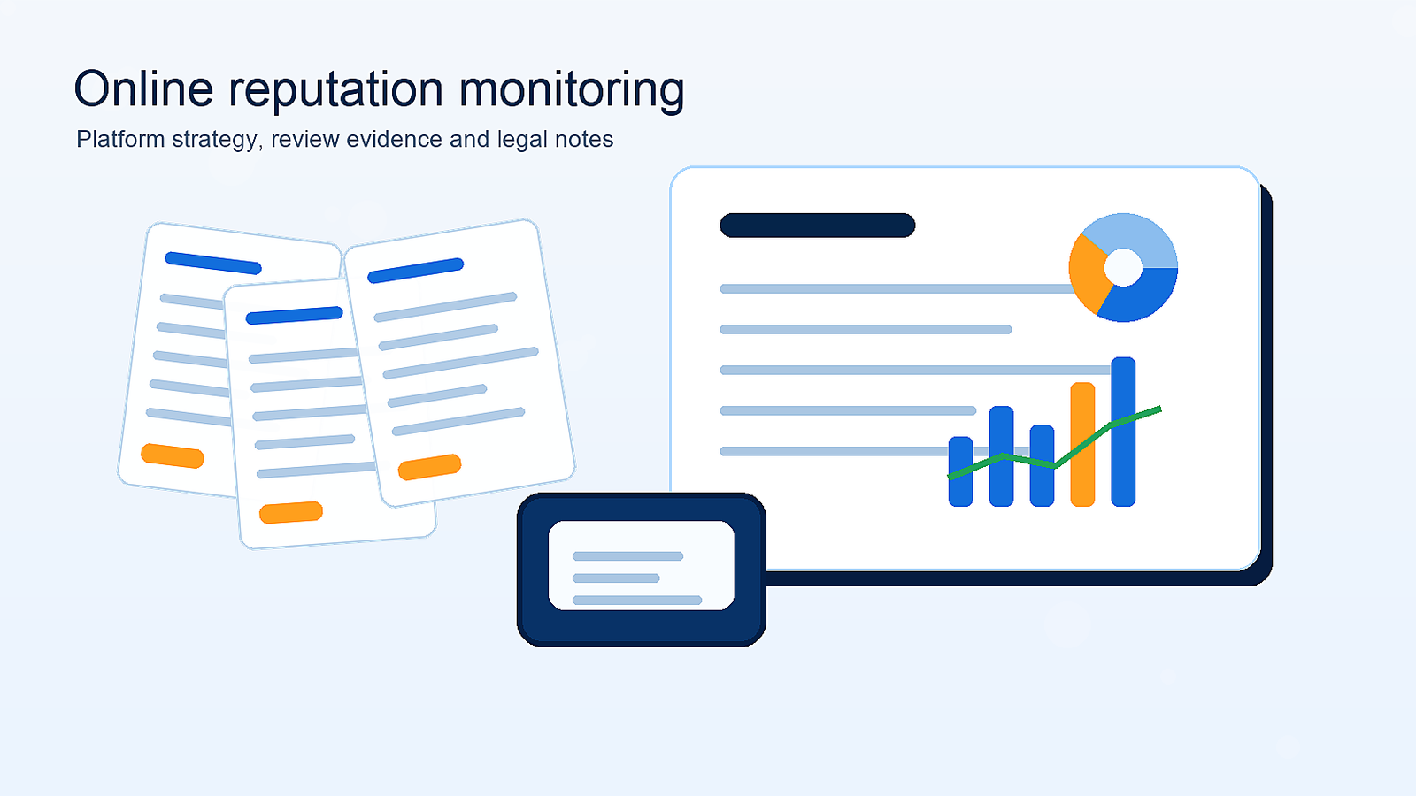 Realistic online reputation monitoring workspace with review cards and legal notes