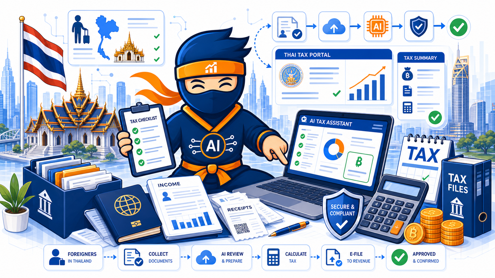 Cartoon AI ninja accountant organizing Thai tax filing documents, passport records, receipts, dashboard cards and Bangkok tax workflow