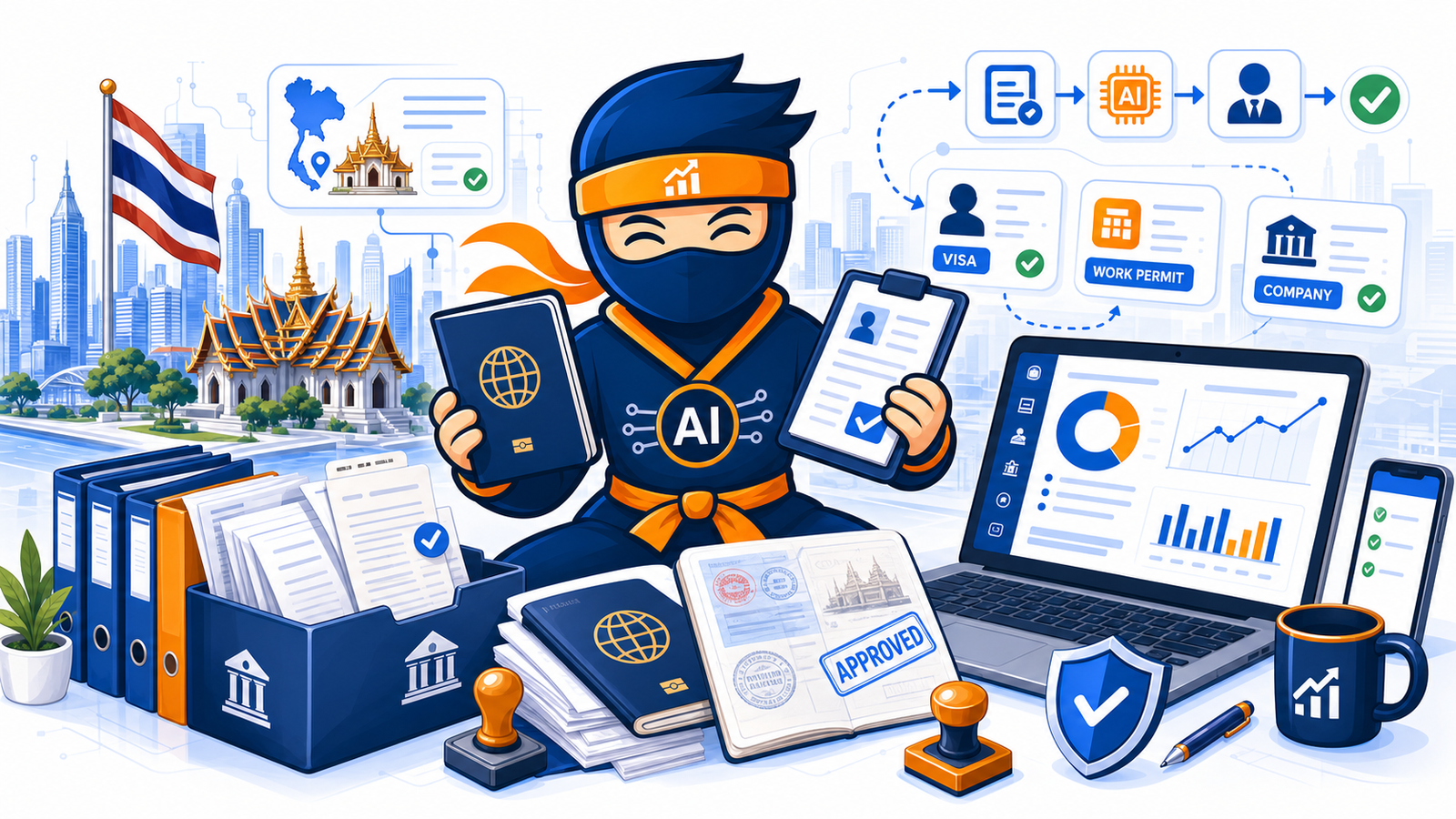 Cartoon AI ninja accountant organizing Thai visa documents, passport cards and approval checkmarks