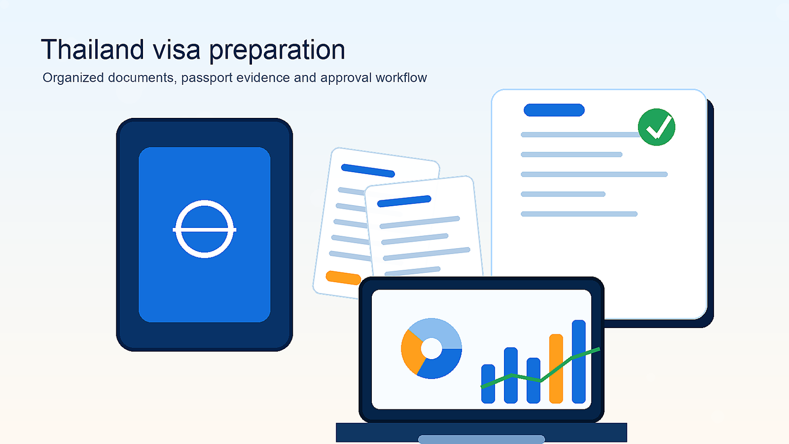 Elegant Thai visa service document preparation scene with passport, forms and Bangkok office background
