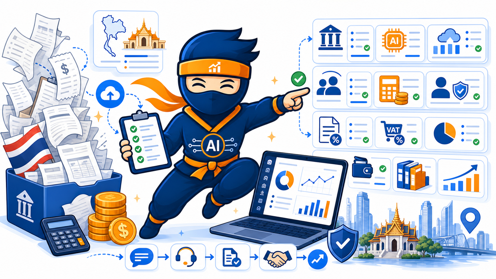 Cartoon AI ninja accountant comparing Thai accounting firm criteria, compliance dashboards and bookkeeping documents