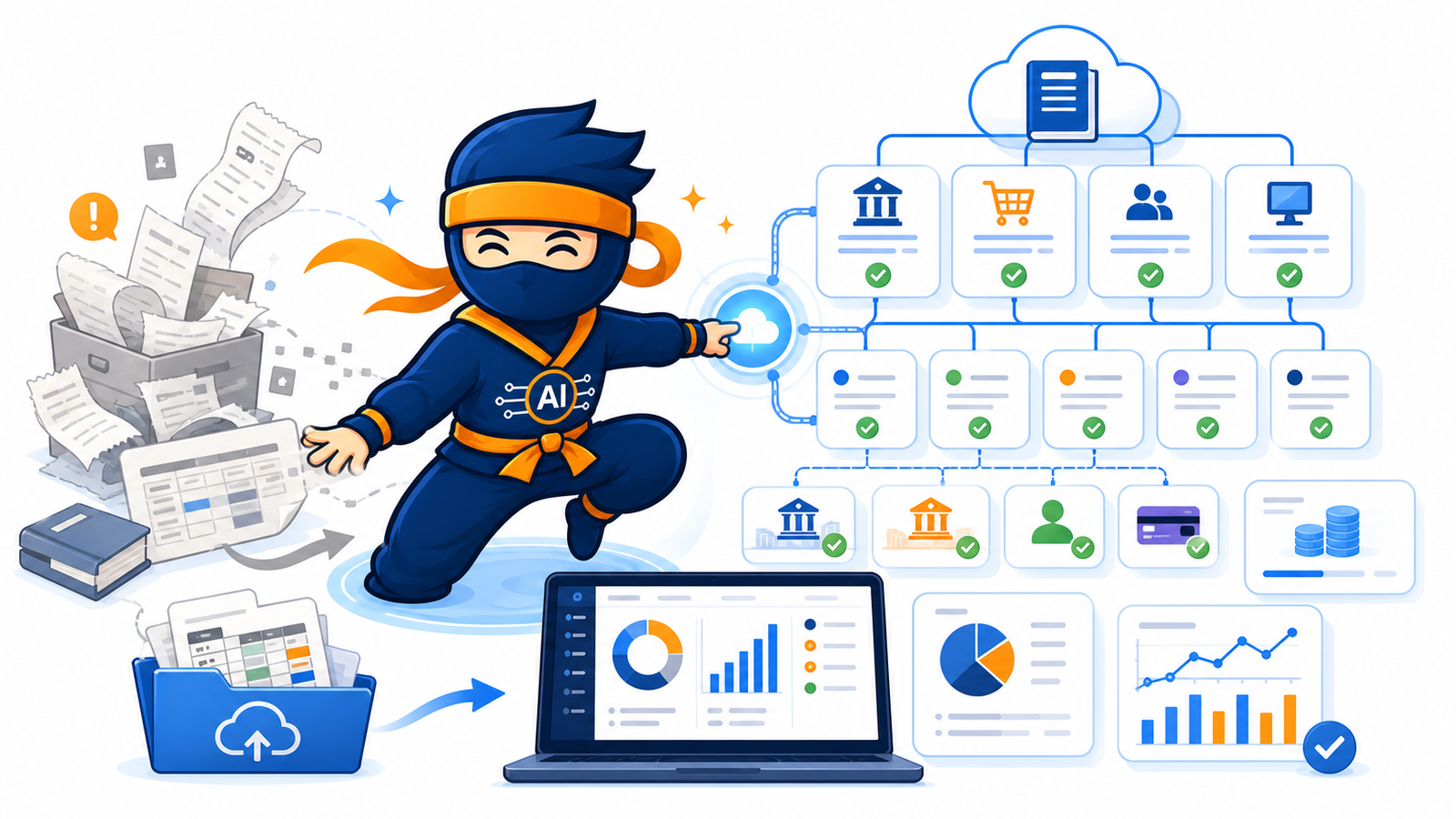 Premium accounting migration workspace with cloud ledger architecture and bank feed cards